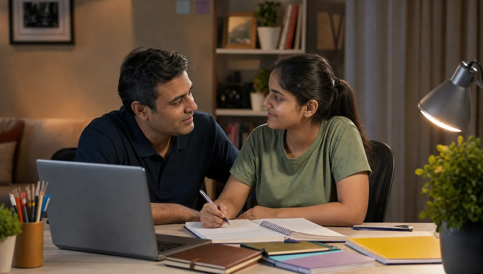 A parent having a calm study conversation with a commerce student at a home desk