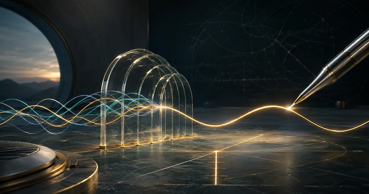 Glass arc gates guiding tangled trigonometric curves into one clean path before a pen touches the curve