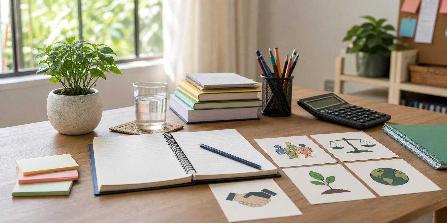A calm Business Studies study desk with notebooks, ethics symbols, a plant, calculator, and stationery