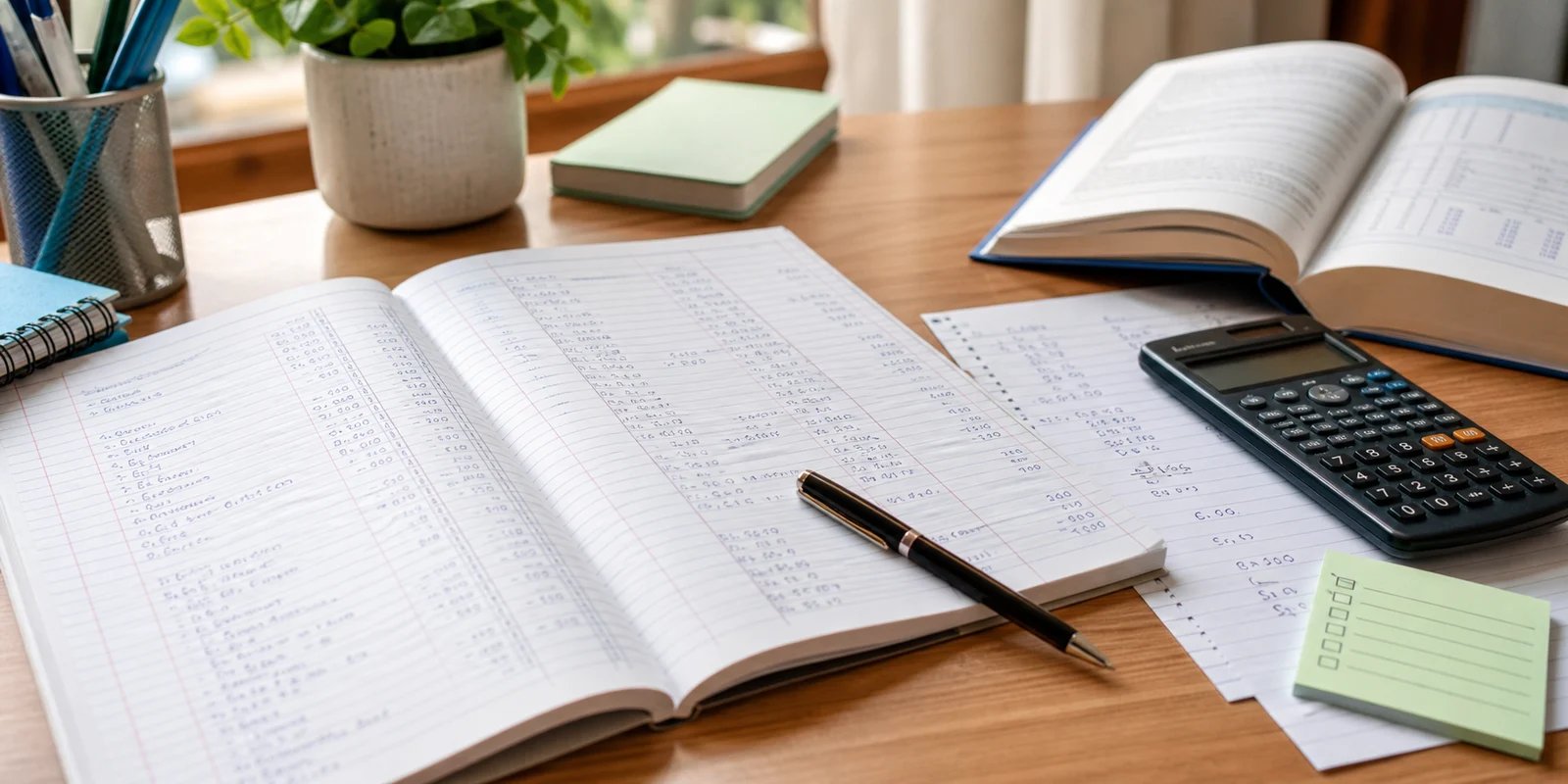 An Accountancy notebook, calculator, rough working sheet, and pen arranged on a calm study desk