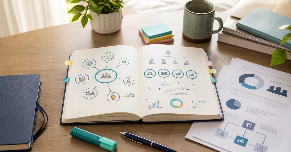 A neat study desk with a Business Studies notebook showing concept maps, management diagrams, and case-study practice sheets
