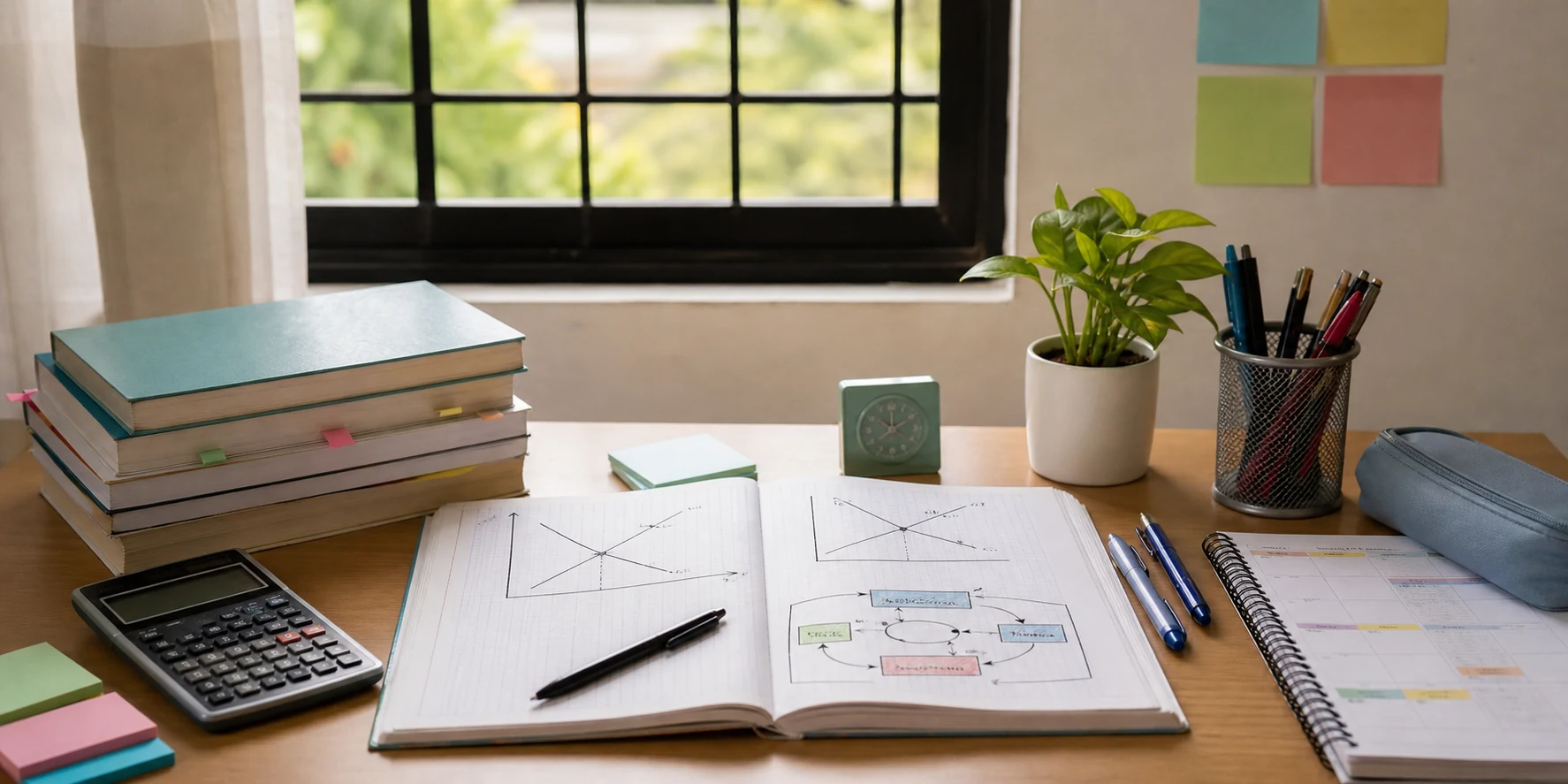 A calm study desk with Class 12 Economics notes, a planner, calculator, and simple concept diagrams