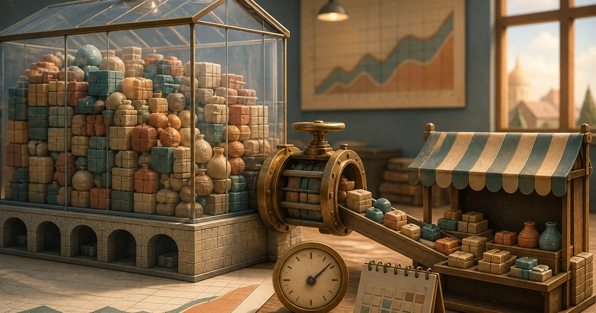 A glass warehouse full of goods connected by a valve to a small market stall, showing that only part of stock becomes supply