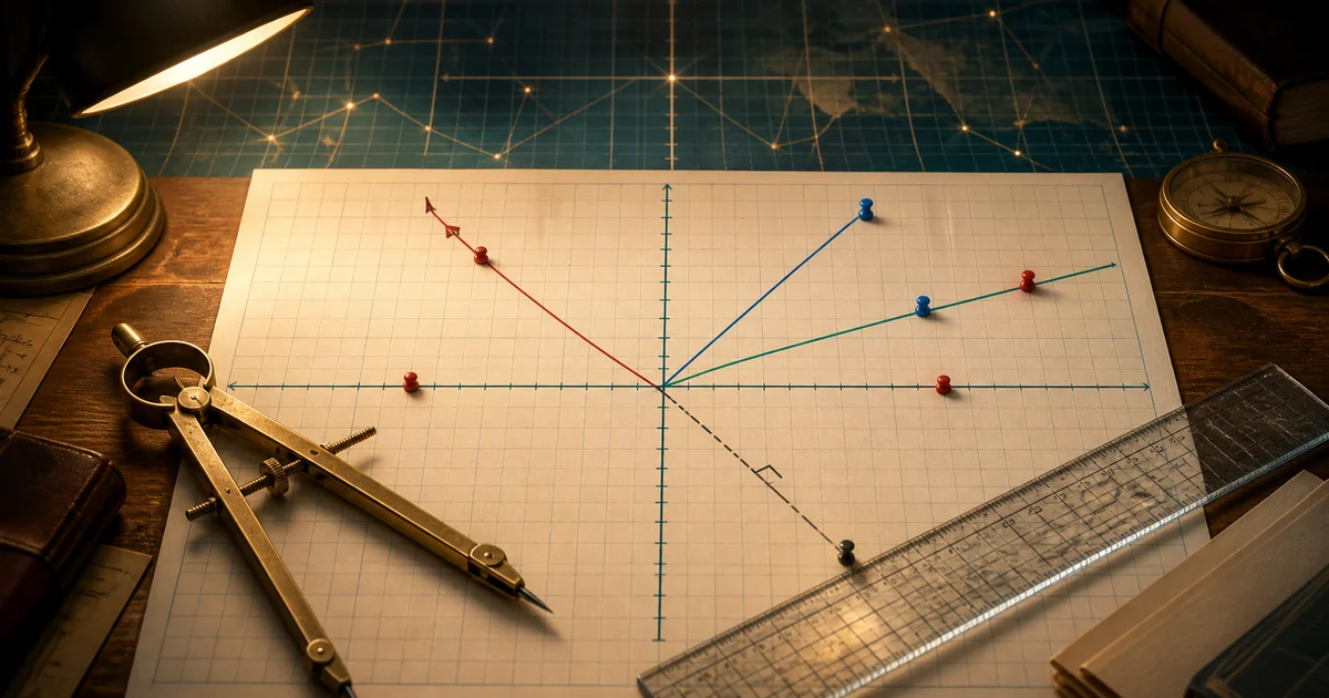 A coordinate-grid study desk with a compass, ruler, pins, and different straight-line paths