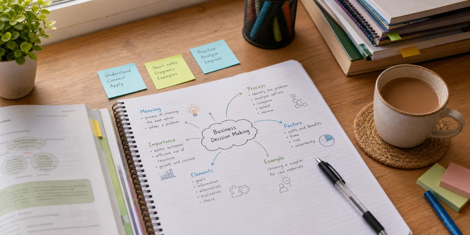 A Business Studies notebook with concept maps, short headings, sticky notes, and study material on a tidy desk