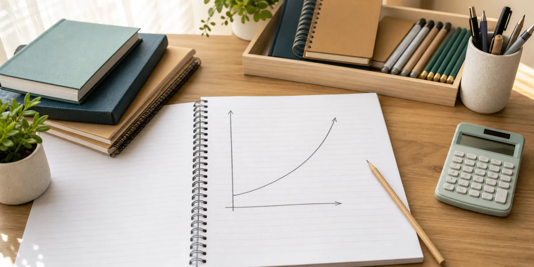 A study desk with economics notes, a calculator, pencils, and an unlabeled upward supply curve drawn in a notebook