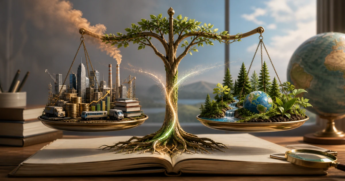 A tree-shaped balance scale weighing city growth against forests, rivers, and a small planet