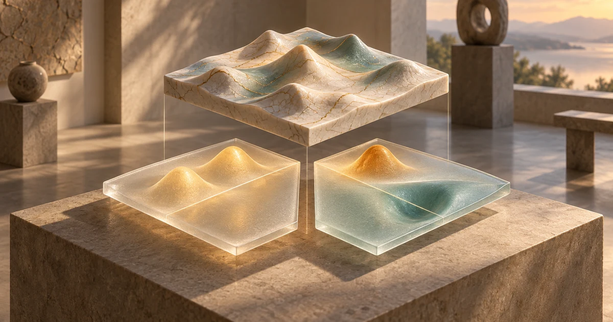 A ceramic wave floats above glass layers showing matching hills and an opposing crest and hollow