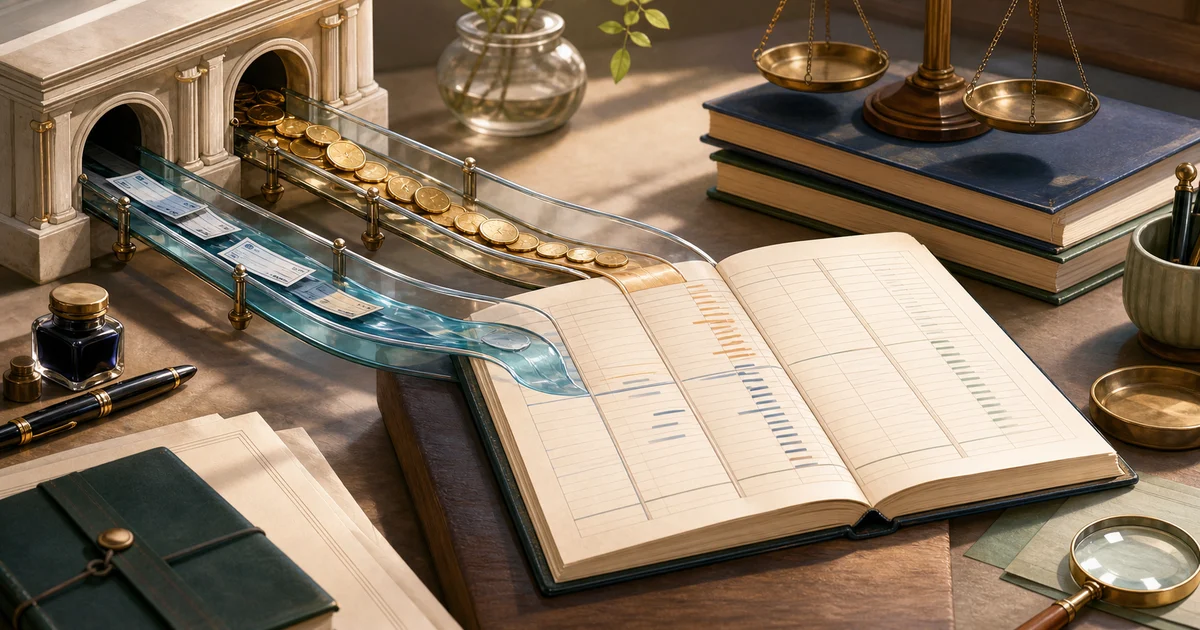 Three separate streams of coins, cheques, and discount ribbons flowing into one open ledger book