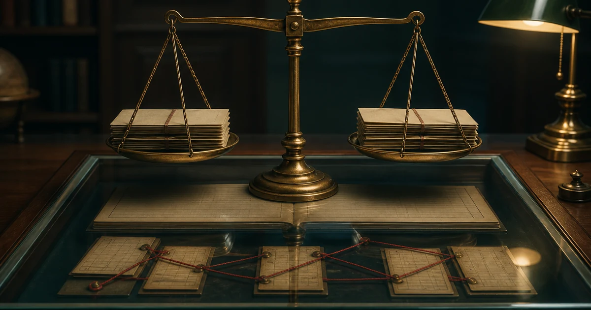 A balanced brass scale over hidden red threads connecting account cards below a glass ledger desk