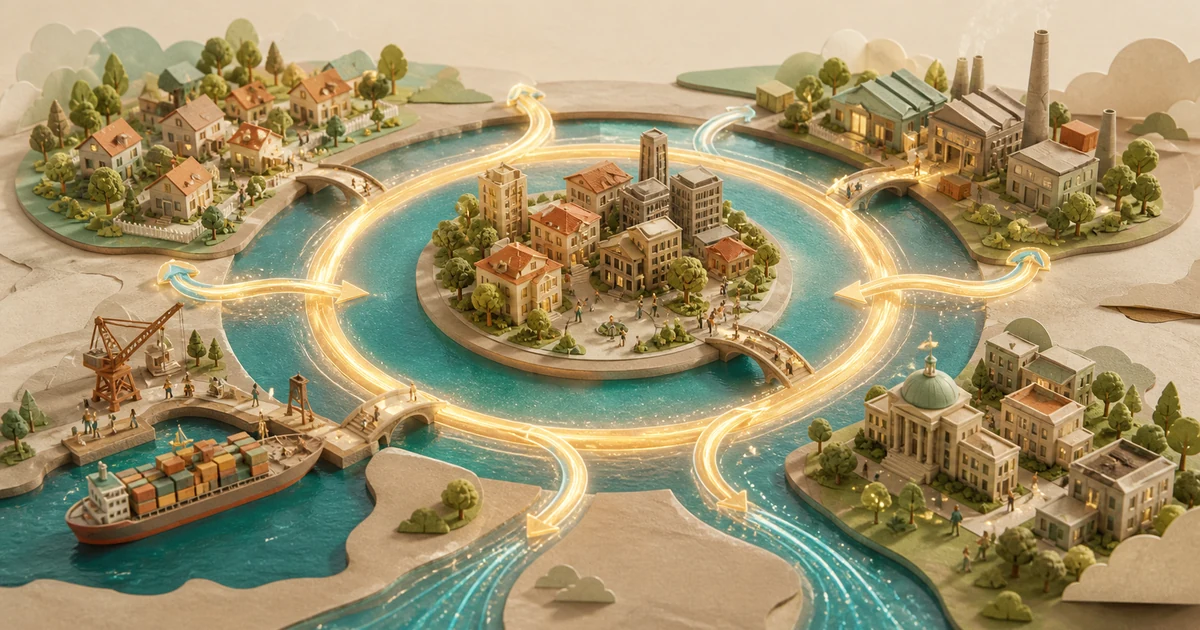 A miniature economy built around a circular river with golden flows, side channels, homes, firms, public buildings, and a trading port