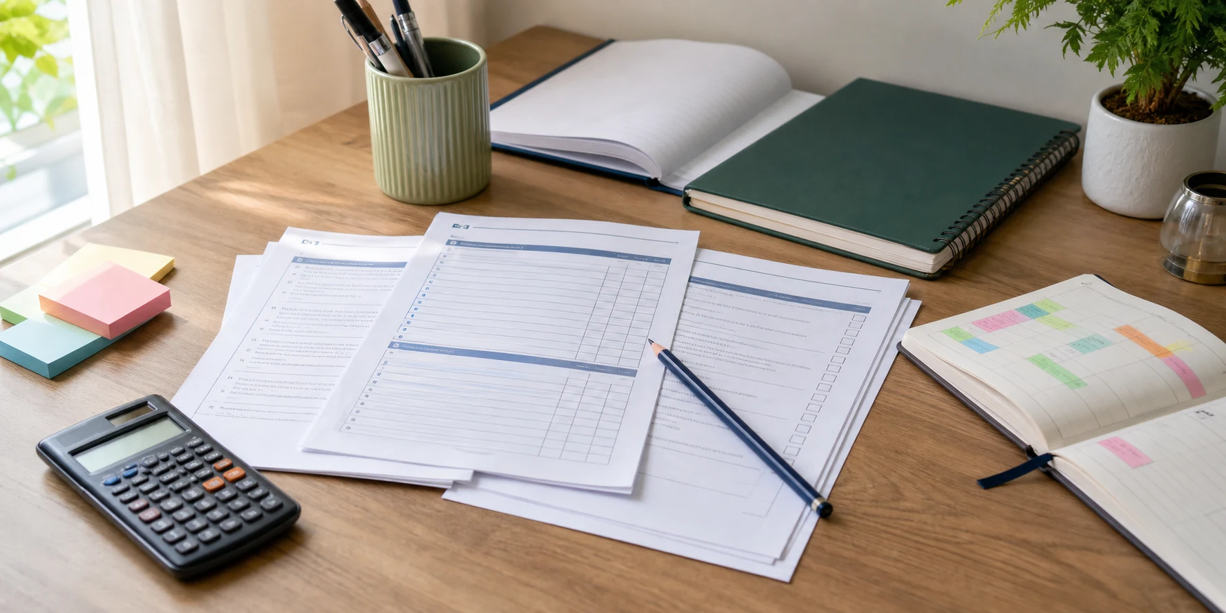 A calm study desk with sample paper sheets, a commerce notebook, calculator, pencil, and revision planner