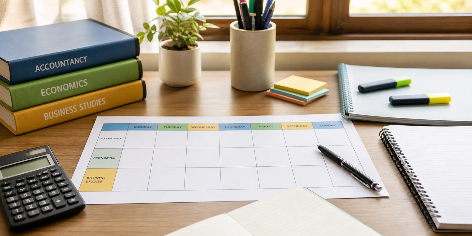 A weekly planner for Accountancy, Economics, and Business Studies on a student study desk
