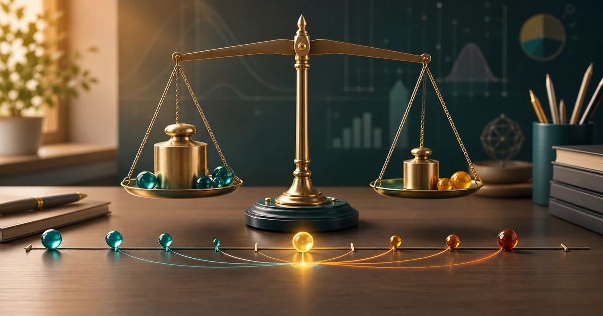 A balance scale showing different weights pulling an average point