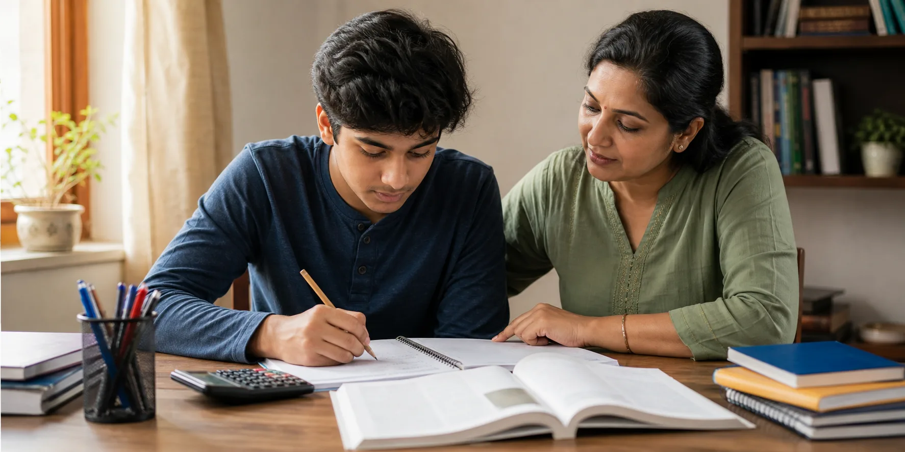 A parent and Class 11 student reviewing an Accountancy notebook together at a study desk