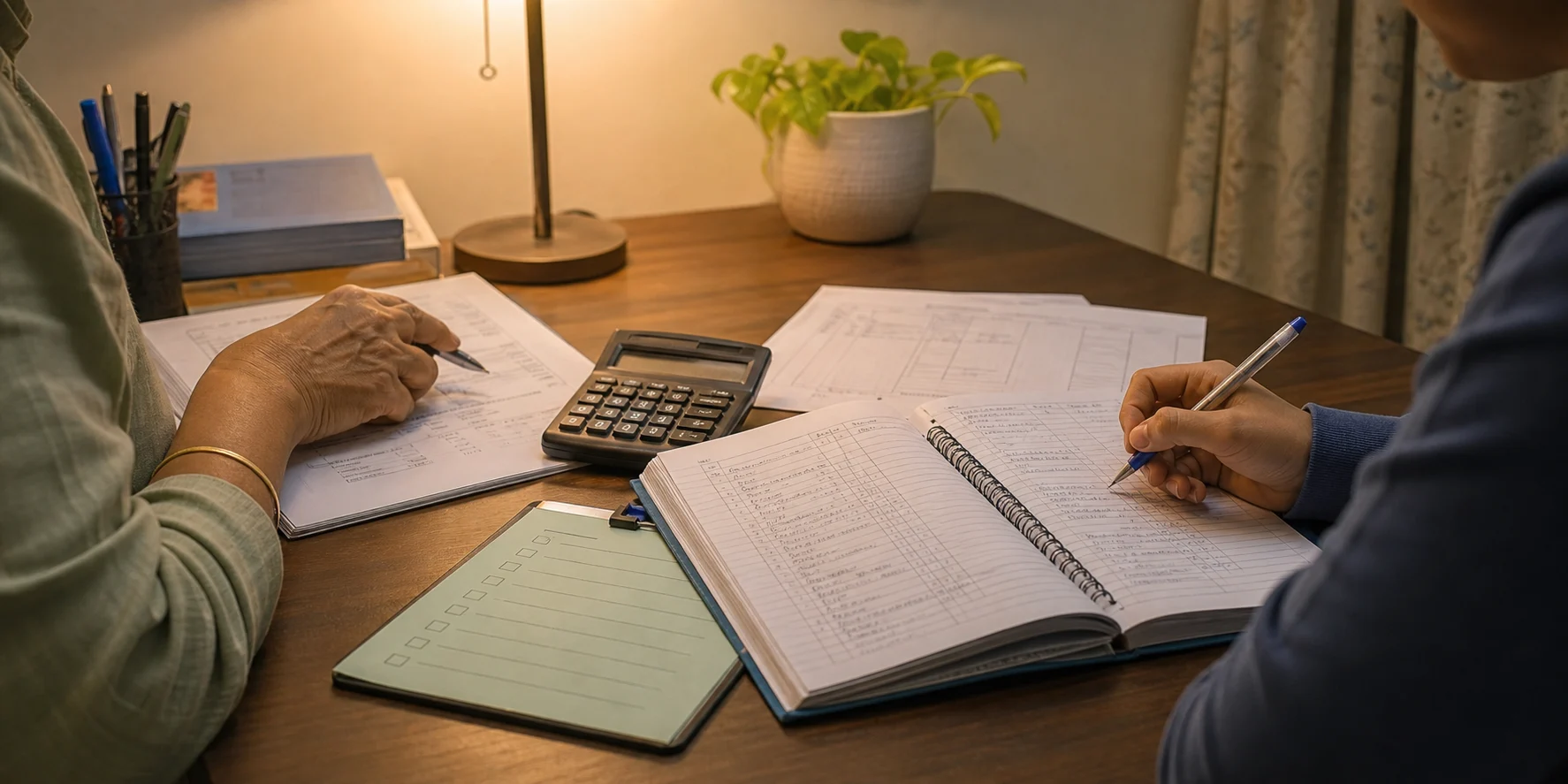 A parent and Class 12 student reviewing Accountancy practice together at a study desk
