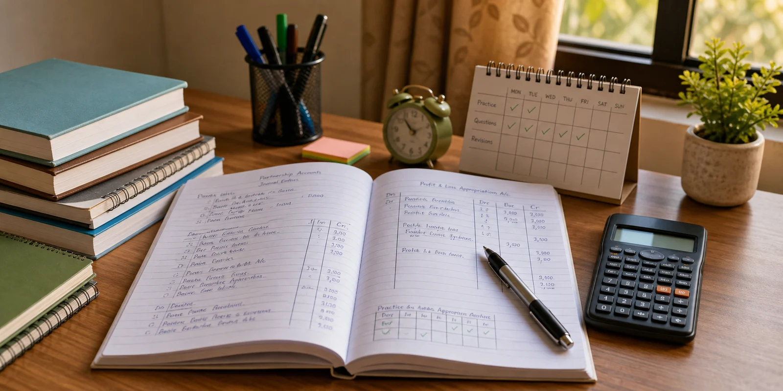 A Class 12 Accountancy notebook, calculator, checklist, and study books arranged on a warm study desk