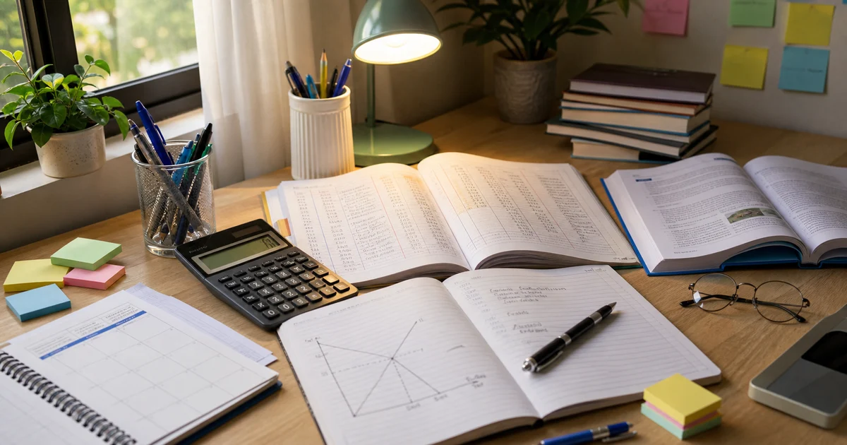A warm study desk with accountancy notebooks, an economics graph, books, a calculator, and a planner